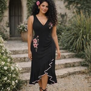 Body Central Black Floral Embroidered Halter Dress Ruffle Hi Low Hem PTP 15" XS